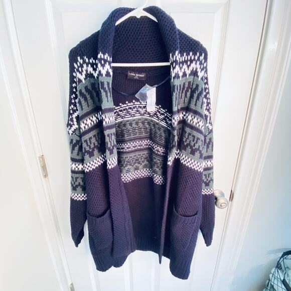 Lane Bryant Sweater Womens 14 16 Navy Fair Isle Cardigan Open Front Pockets NWT - Picture 1 of 8